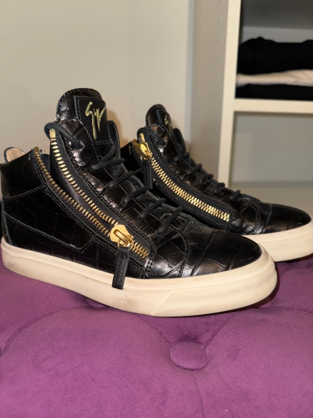 Giuseppe Zanotti Black Croc-Embossed High-Top Sneakers with Gold Zippers (5)